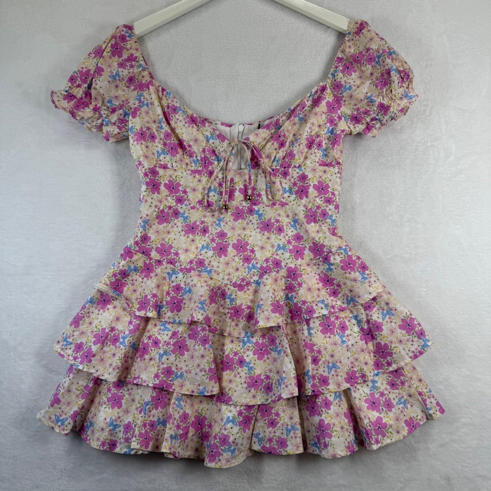Thats So Fetch Meadow Dress Pink Floral Butterfly Tiered Ruffle Mini US 4